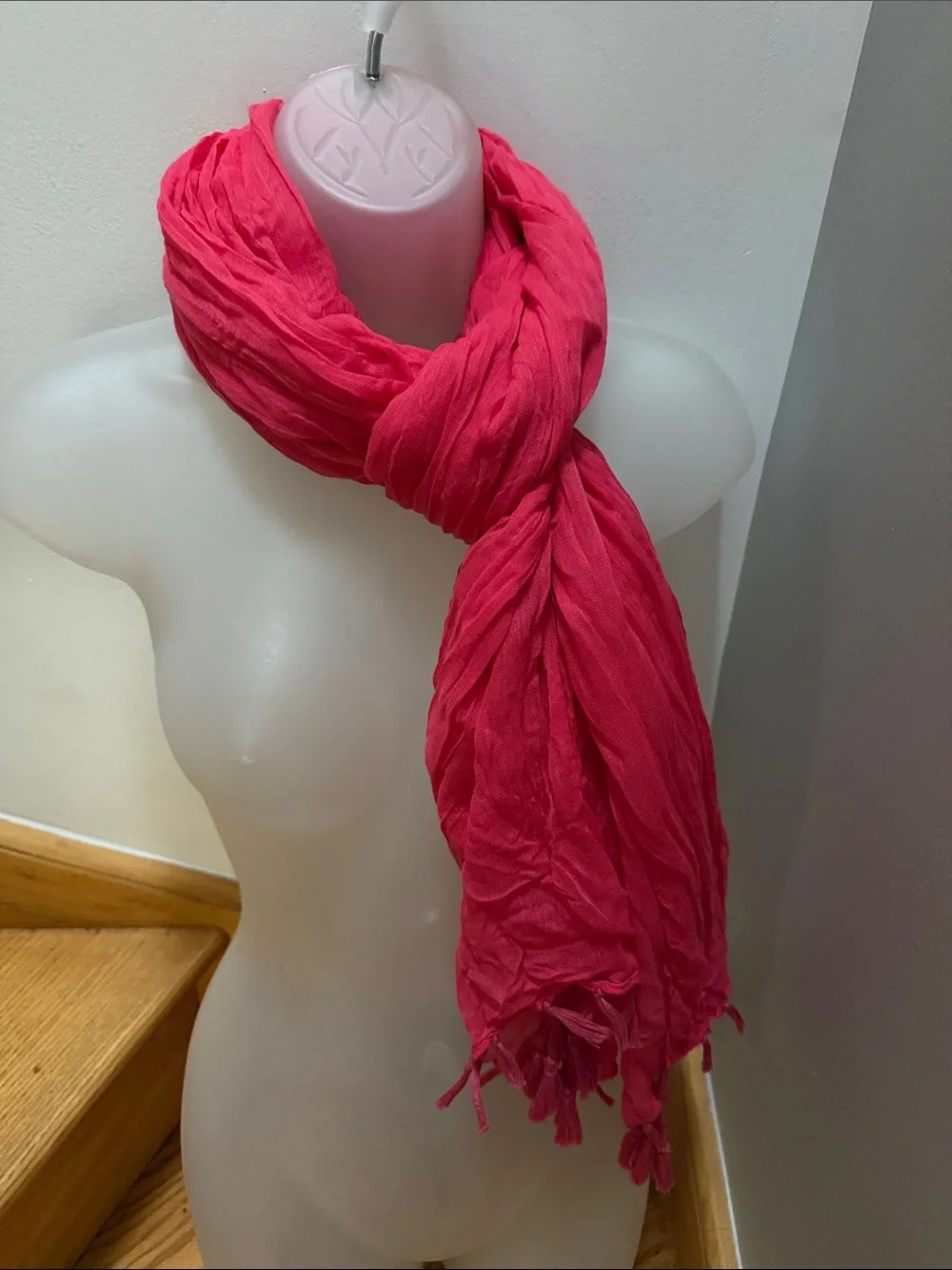 Vibrant Magenta Pink Crinkle Gauze Scarf with Tassels | Boho Lightweight Wrap